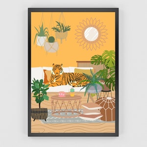 Botanical Tiger Art Print, Tiger Wall Art, Maximalist Tropical Jungle Animal, Leopard Wall Art, Retro Living Room Wall Art, Big Cat Prints image 4