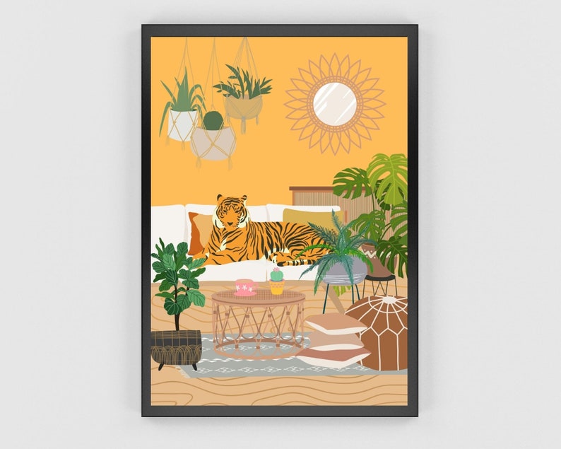 Botanical Tiger Art Print, Tiger Wall Art, Maximalist Tropical Jungle Animal, Leopard Wall Art, Retro Living Room Wall Art, Big Cat Prints image 4