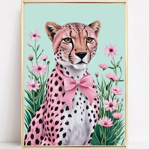 Pink Cheetah Art Print Bow Digital Download Modern Cheetah Wall Art Cute Leopard Poster Trendy Girls Room Decor Dorm Room Printable Poster