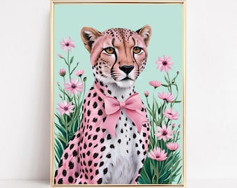 Pink Cheetah Art Print Bow Digital Download Modern Cheetah Wall Art Cute Leopard Poster Trendy Girls Room Decor Dorm Room Printable Poster
