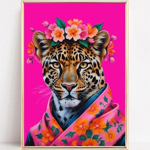 Funky Leopard Fashion Wall Art Print Maximalist Leopard Portrait Painting Preppy Dorm Decor College Apartment Decor Dopamine Room Aesthetic