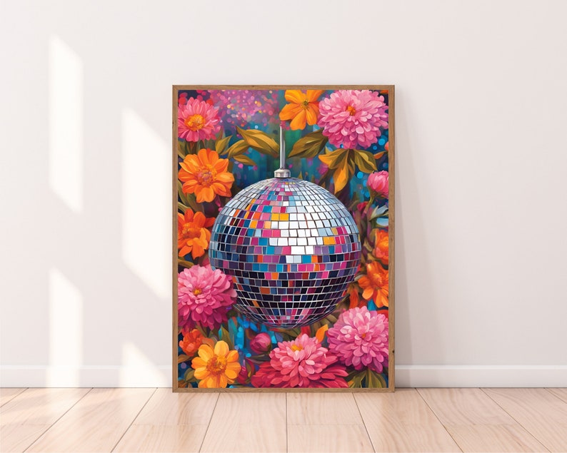 May include: A silver disco ball surrounded by colorful flowers, including pink, orange, and yellow. The flowers are painted in a realistic style.