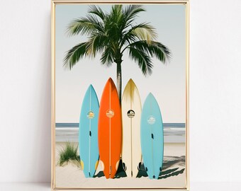 Surfboard Wall Art Print Beach Wall Art Surf Poster Retro Print Modern Coastal Art Minimalist Ocean Decor Tropical Poster Digital Download