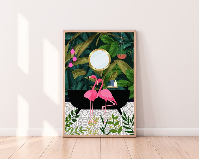 Green Bathroom Prints, Tropical Bathroom Wall Art, Botanical Bath Print, PRINTABLE, Pink Flamingos, Flamingo Bathroom Prints, Bathroom Decor image 4