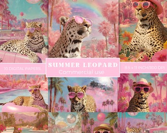 Preppy Summer Digital Papers Trendy Summer Leopard Junk Journal Pages Printable Vintage Beach Leopard Backgrounds Retro Beach Summer Collage