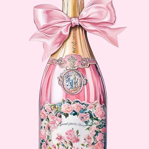 May include: A pink champagne bottle with a pink bow tied around the neck. The bottle is decorated with a floral design and the text "Grand Cru" on the label.