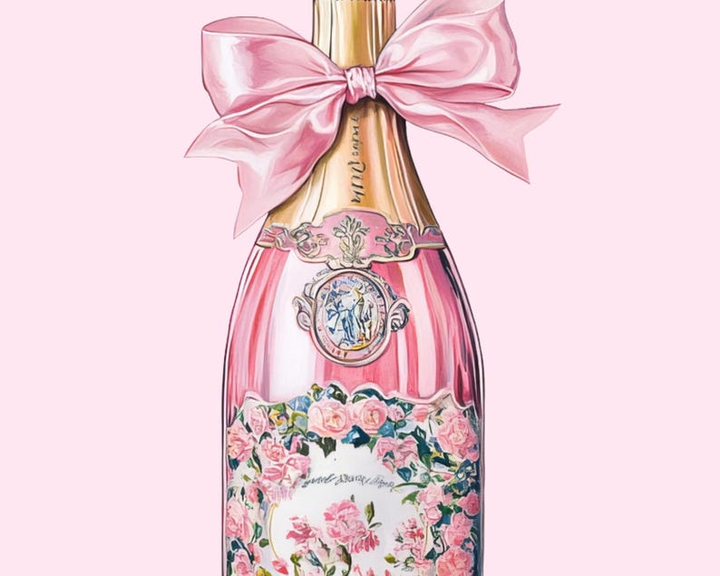 May include: A pink champagne bottle with a pink bow tied around the neck. The bottle is decorated with a floral design and the text "Grand Cru" on the label.