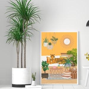 Botanical Tiger Art Print, Tiger Wall Art, Maximalist Tropical Jungle Animal, Leopard Wall Art, Retro Living Room Wall Art, Big Cat Prints image 3