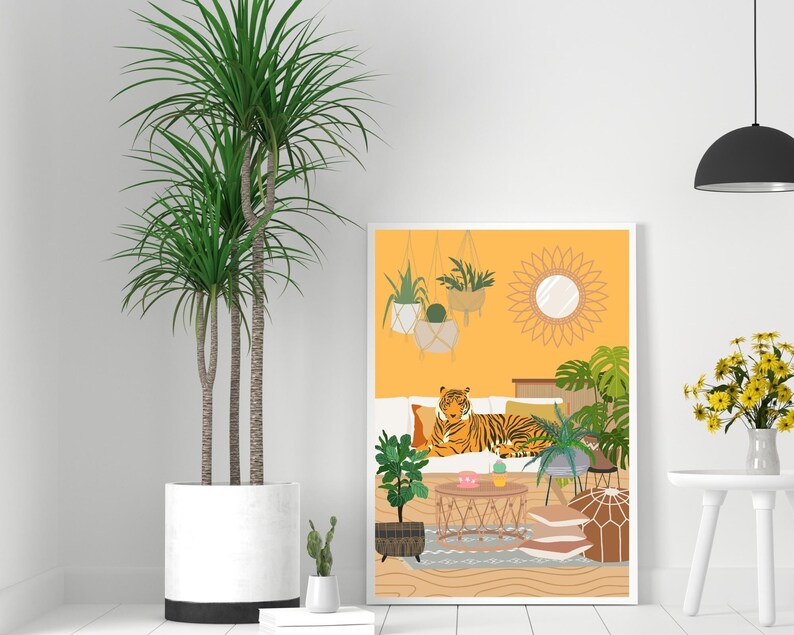 Botanical Tiger Art Print, Tiger Wall Art, Maximalist Tropical Jungle Animal, Leopard Wall Art, Retro Living Room Wall Art, Big Cat Prints image 3