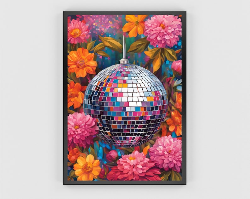 May include: A silver disco ball surrounded by colorful flowers, including pink, orange, and yellow. The flowers are in bloom and have a vibrant, almost psychedelic appearance.