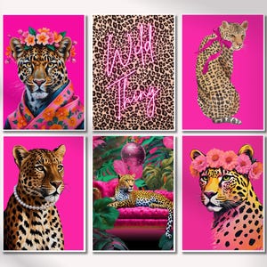 Preppy Leopard Wall Art Set Printable Pink Gallery Wall Set Of 6 Trendy Dorm Wall Decor Cute Girly College Apartment Decor Cheetah Art Print