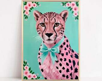 Cheetah With Bow Art Print Pink cheetah Wall Art Pastel Pink Cheetah Poster Safari Nursery Print Modern Kids Wall Art Maximalist Decor