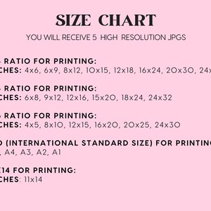 May include: A pink and white size chart for printing digital downloads. The chart lists different aspect ratios and corresponding inch measurements for printing, including 2:3, 3:4, 4:5, and ISO standard sizes.