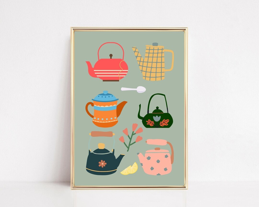 Retro Teapots Print, Teapot Art Print, Kitchen Wall Art, Botanical
