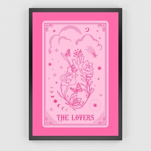 Tarot Card Prints, The Lovers Tarot Poster, Tarot Card Wall Art, Pink And Red Prints, Witchy Art Print, Hot Pink Card Printable, Gothic Art image 4