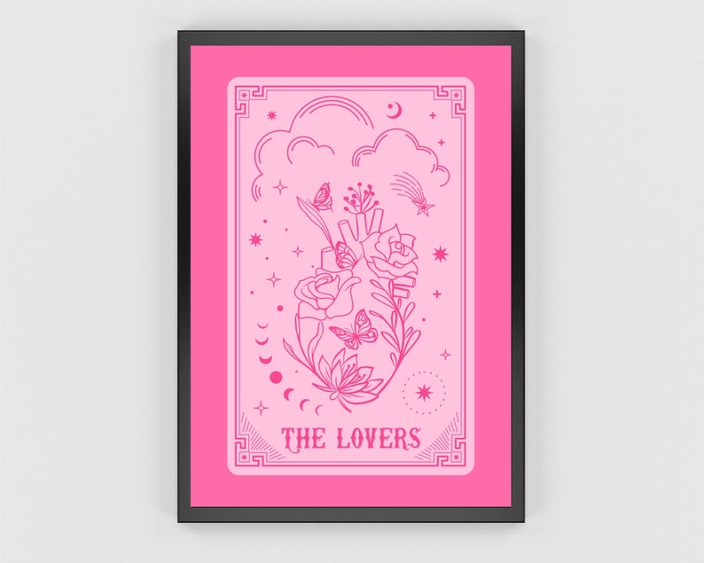 Tarot Card Prints, The Lovers Tarot Poster, Tarot Card Wall Art, Pink And Red Prints, Witchy Art Print, Hot Pink Card Printable, Gothic Art image 4