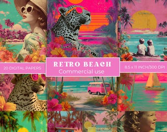 Retro Beach Digital Paper 1950s Vintage summer Journal Pages Tropical Beach Junk Journal Kit Retro 50s 60s Ephemera Printable Pages JPG