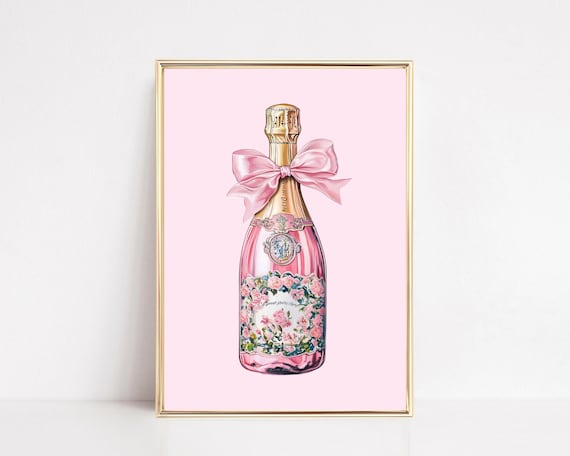 Champagne Bottle Pink Chinoiserie Bar Cart Print Champagne Wall Art Retro Cocktail Poster Coquette Room Decor Girly Preppy Digital Prints