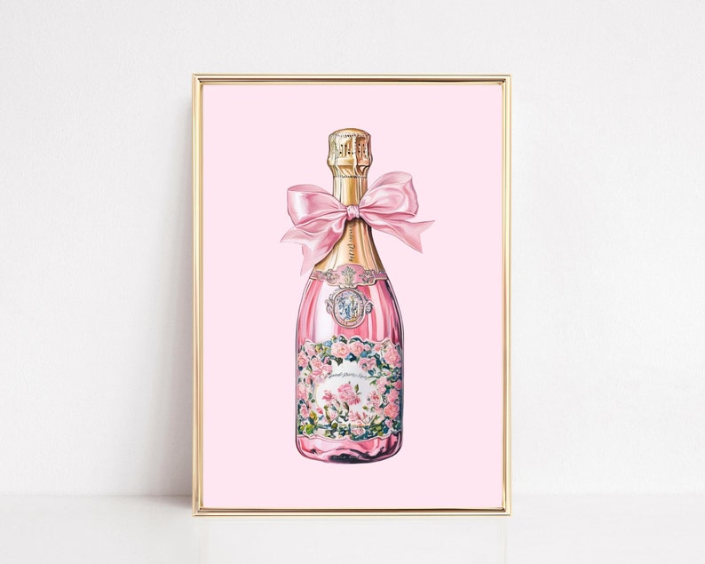 Champagne Bottle Pink Chinoiserie Bar Cart Print Champagne Wall Art Retro Cocktail Poster Coquette Room Decor Girly Preppy Digital Prints