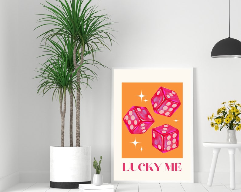 Lucky Me Wall Art Print, Lucky You Decor, Pink Red Dice, College Apartment Aesthetic, Lucky Girl Syndrome, Trendy Retro Art, Printable Art image 4