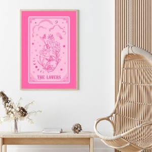 Tarot Card Prints, The Lovers Tarot Poster, Tarot Card Wall Art, Pink And Red Prints, Witchy Art Print, Hot Pink Card Printable, Gothic Art image 5
