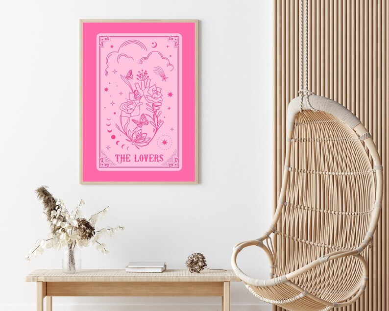 Tarot Card Prints, The Lovers Tarot Poster, Tarot Card Wall Art, Pink And Red Prints, Witchy Art Print, Hot Pink Card Printable, Gothic Art image 5