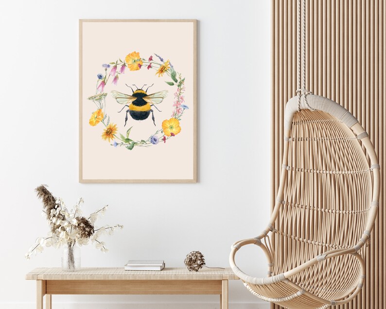 Bumble Bee Art Print, Botanical Bee Wall Art, Spring Summer Sunflowers Printable, Bee Happy Poster, Wildlife Beehive Art, Cottage Core image 5