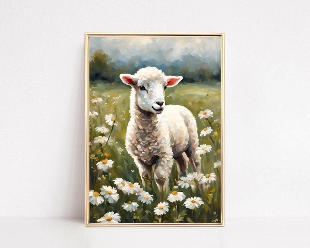 Spring Easter Lamb Wall Art Printable Easter Lamb Wildflowers Art Print ...