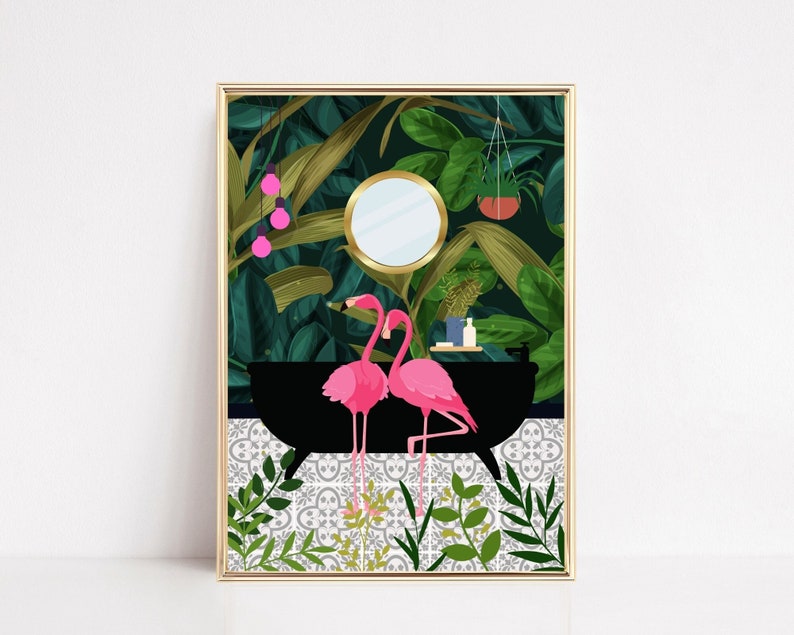 Green Bathroom Prints, Tropical Bathroom Wall Art, Botanical Bath Print, PRINTABLE, Pink Flamingos, Flamingo Bathroom Prints, Bathroom Decor image 1