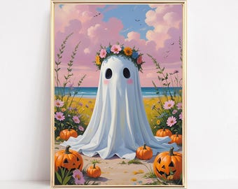 Summer Ghost Art Print Summerween Beach Ghost Wall Art Printable Summer Halloween Art Coastal Vintage Ghost Poster Girly Halloween Aesthetic