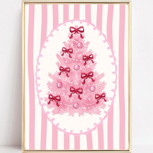 Christmas Tree Art Print Coquette Wall Art Trendy Holiday Poster Preppy Girly Printable Pink Bows Festive Art Xmas Tree Aesthetic