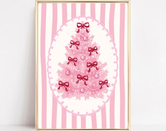 Christmas Tree Art Print Coquette Wall Art Trendy Holiday Poster Preppy Girly Printable Pink Bows Festive Art Xmas Tree Aesthetic