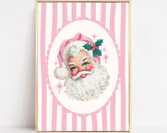 Retro Christmas Art Print Pink Vintage Santa Wall Art Printable Christmas Poster Cute Santa Print Digital Holiday Art Trendy Xmas Wall Decor