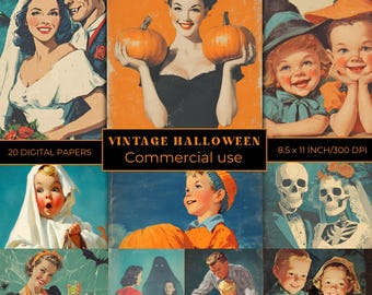 Digitala Halloween-papper, retro Halloween-konsttryck, 1950-talets 1960-talets kusliga skräpjournalsidor, retro Halloween-klippbokcollage, JPG