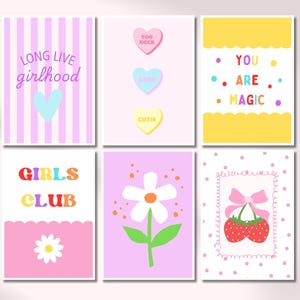 Meisjes muurkunst posters set meisjes kamer galerij muur set van 6 meisjes kinderkamer muur kunst tiener meisje muur decor preppy afdrukbare meisjes slaapkamer set