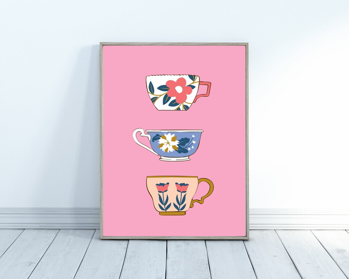 Floral Tea Cups Print Tea Cups Print Kitchen Wall Art Etsy