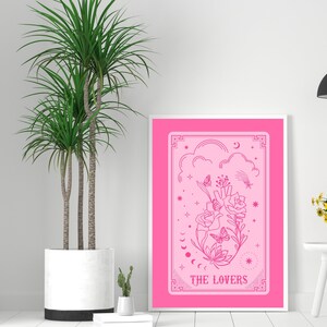 Tarot Card Prints, The Lovers Tarot Poster, Tarot Card Wall Art, Pink And Red Prints, Witchy Art Print, Hot Pink Card Printable, Gothic Art image 3