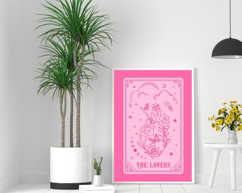 Tarot Card Prints, The Lovers Tarot Poster, Tarot Card Wall Art, Pink And Red Prints, Witchy Art Print, Hot Pink Card Printable, Gothic Art image 3