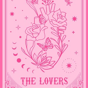 Tarot Card Prints, The Lovers Tarot Poster, Tarot Card Wall Art, Pink And Red Prints, Witchy Art Print, Hot Pink Card Printable, Gothic Art image 2