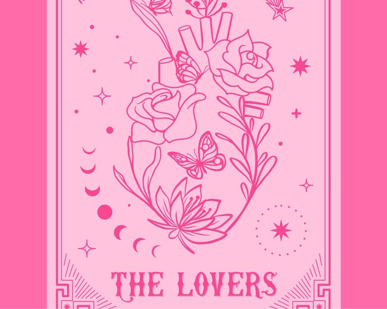Tarot Card Prints, The Lovers Tarot Poster, Tarot Card Wall Art, Pink And Red Prints, Witchy Art Print, Hot Pink Card Printable, Gothic Art image 2
