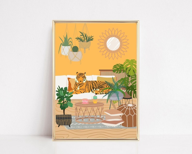 Botanical Tiger Art Print, Tiger Wall Art, Maximalist Tropical Jungle Animal, Leopard Wall Art, Retro Living Room Wall Art, Big Cat Prints image 1