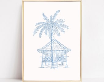 Palmträdsväggkonst Trendig blå kustkonsttryck Strandhusdekor Vintage strandhyddaposter Strandväggkonst Studentrum Studentrum Estetik