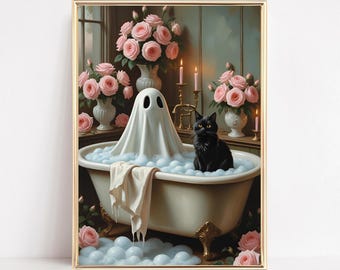 Geest in bad Art Print geest en kat in bad muur kunst Halloween badkamer print grappige Halloween kunst Cottagecore Halloween afdrukbare
