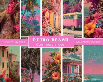 Retro Beach Digital Paper Vintage Tropical Beach Backgrounds Retro Summer Scrapbook Paper Grunge Beach Journal Pages Coastal Printable Paper