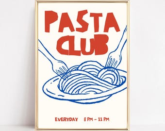 Pasta Kitchen Art Print Pasta Poster Pasta Club Print Pasta Lover Gift Dining Room Print Spaghetti Illustration Retro Kitchen Food Printable