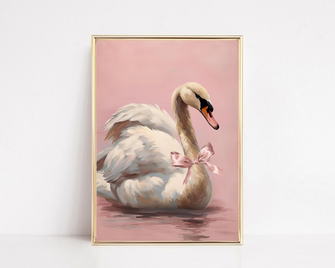 Swan With A Bow Art Print Coquette Swan Painting Pink Bow Art Girls ...