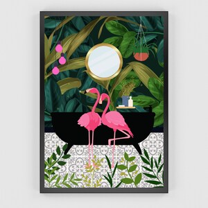 Green Bathroom Prints, Tropical Bathroom Wall Art, Botanical Bath Print, PRINTABLE, Pink Flamingos, Flamingo Bathroom Prints, Bathroom Decor image 3