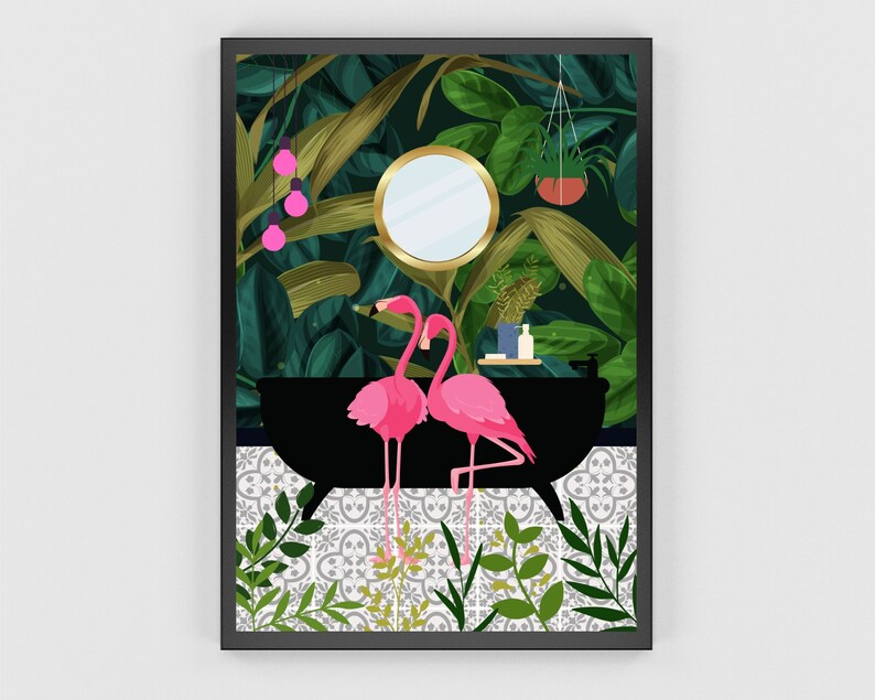 Green Bathroom Prints, Tropical Bathroom Wall Art, Botanical Bath Print, PRINTABLE, Pink Flamingos, Flamingo Bathroom Prints, Bathroom Decor image 3