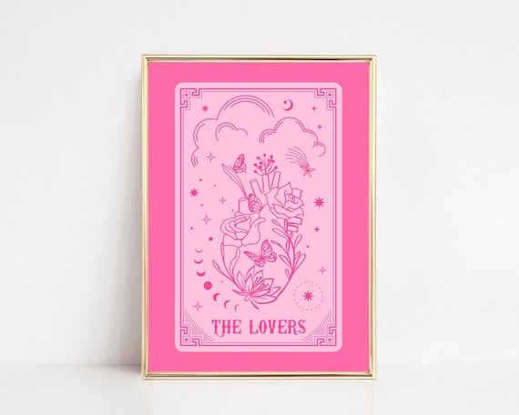 Tarot Card Prints, The Lovers Tarot Poster, Tarot Card Wall Art, Pink And Red Prints, Witchy Art Print, Hot Pink Card Printable, Gothic Art