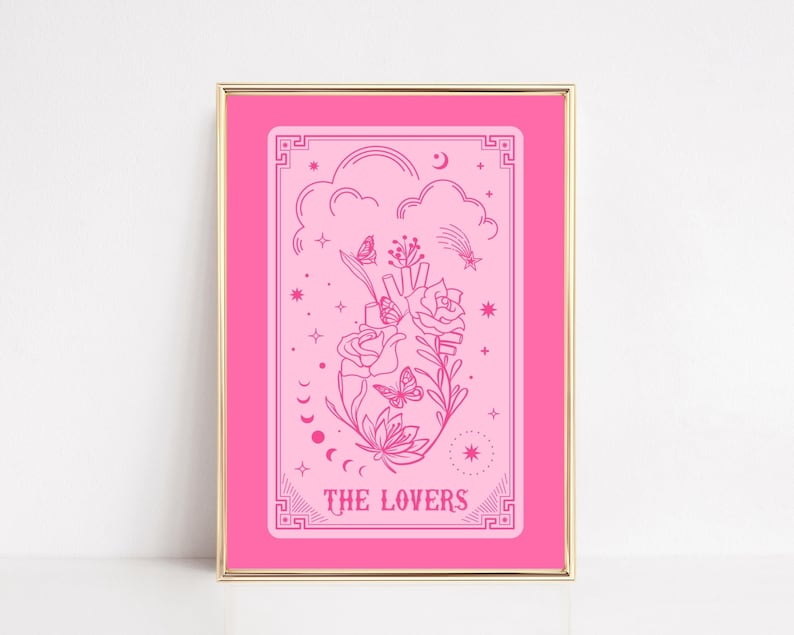 Tarot Card Prints, The Lovers Tarot Poster, Tarot Card Wall Art, Pink And Red Prints, Witchy Art Print, Hot Pink Card Printable, Gothic Art image 1